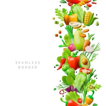Vegetables with greens 3D plastic style vector vertically seamless border Stock Illustration