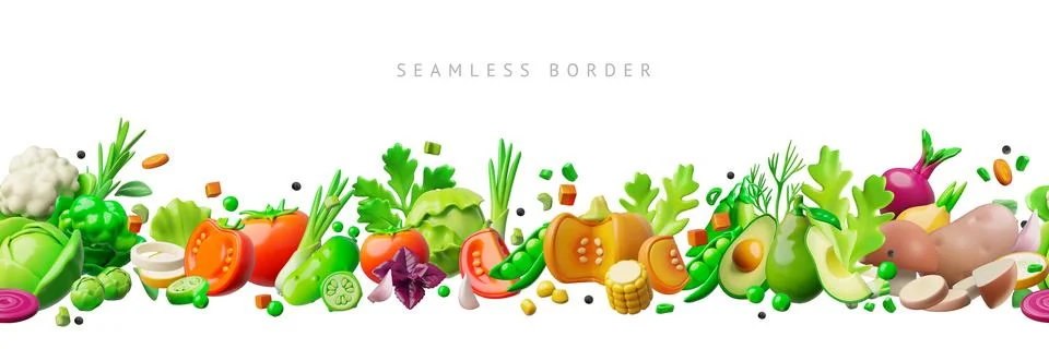 Vegetables with greens 3D vector seamless border design, natural healthy organic Stock Illustration