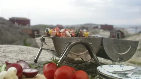 Vegetables on a grill in an archipelago setting Stock Footage 11339979
