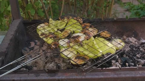 Vegetables on the grill in nature. 스톡 동영상 199587235