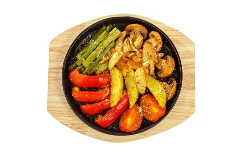 Vegetables grilled portion on pan white isolated Stock Photos