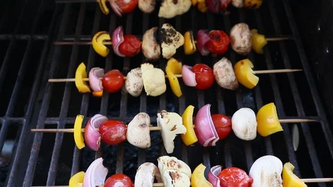 Vegetables Grilling on BBQ Over Flames Stock Footage 128247861