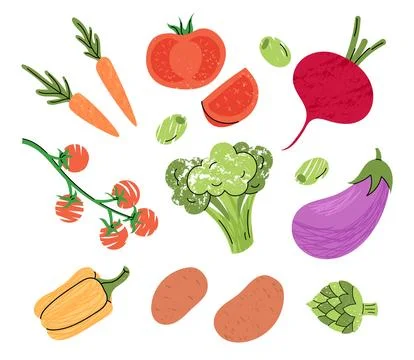 Vegetables. Hand drawn doodle elements. Fresh broccoli, eggplant and pepper.. Stock Illustration