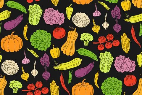 Vegetables hand drawn seamless pattern wallpaper food farm product veggies Illustrazione stock