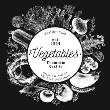 Vegetables hand drawn vector illustration on chalk board. Retro engraved style Stock Illustration