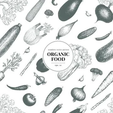 Vegetables hand drawn vector seamless pattern. Banner template. Retro engraved Stock Illustration