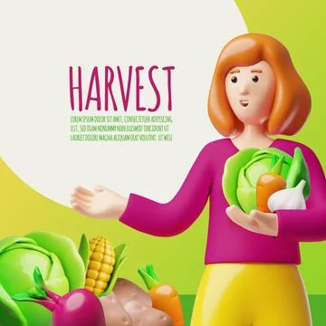 Vegetables harvest 3D plastic style vector poster design, volumetric cabbage Stock Illustration