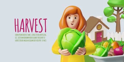 Vegetables harvest 3D plastic style vector banner design, volumetric organic Stock Illustration