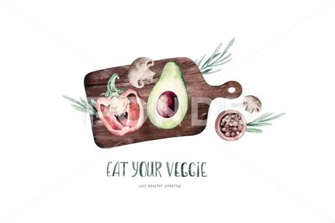 Vegetables healthy organic watercolor wooden cutting board with bell pepper Stock Illustration