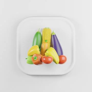 Vegetables icon set. 3d rendering white square button key, interface ui ux el Stock Illustration