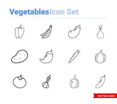 Vegetables icon set of outline types. Isolated vector sign symbols. Icon pack Stock Illustration