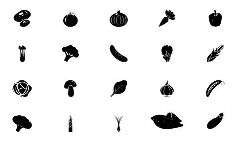 Vegetables icons set solid black. Vegetables flat illustration Stock Illustration