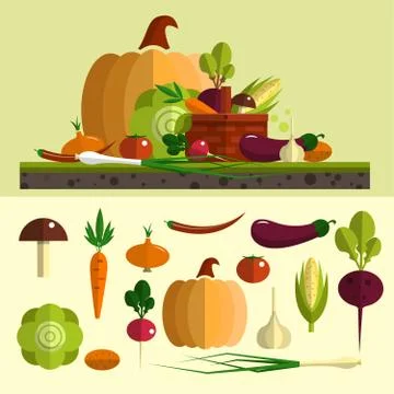 Vegetables icons vector set in flat style. Isolated design elements. Healthy Stock Illustration