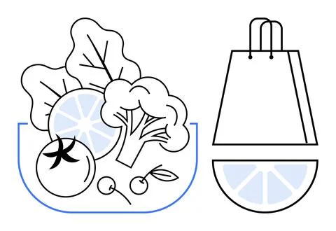 Vegetables including tomato, broccoli, and leafy greens in a bowl alongside a Illustration