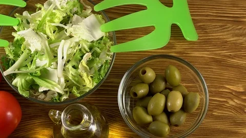 Vegetables ingridients for salad on rustic wooden background. Stock Footage 74717697