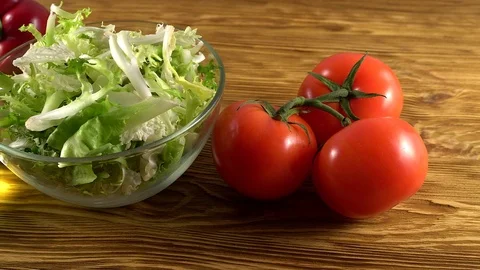 Vegetables ingridients for salad on rustic wooden background. 스톡 동영상 74767592