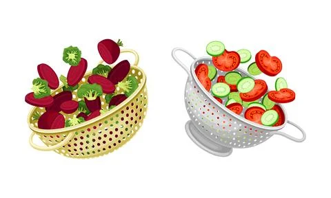 Vegetables in kitchen colander set. Strainers full of beetroot, broccoli, tomato Illustrazione stock