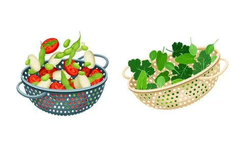Vegetables in kitchen colander set. Strainers full of tomato, bean, peas Stock Illustration