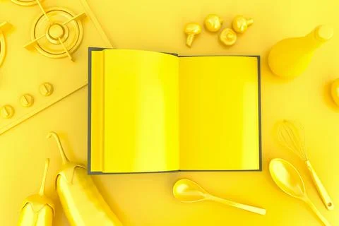 Vegetables, kitchen tools and empty open cookbook. Top view. 3D illustration Stock Illustration