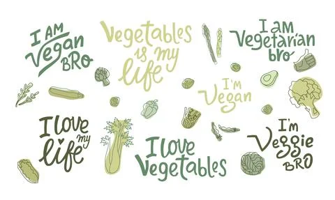 Vegetables lettering guotes set with hand drawing outline vegetables. I am vegan Stock-Illustration