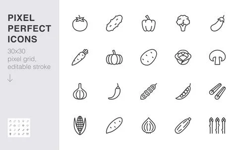 Vegetables line icon set. Pumpkin, cucumber, broccoli, carrot, zucchini Stock Illustration
