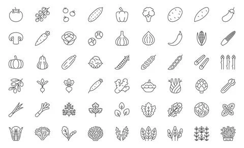 Vegetables line icon set. Tomato, cherry, cucumber, pepper, broccoli, potato Stock Illustration