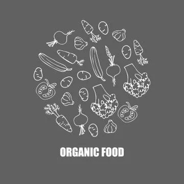 Vegetables logo. Round background. Hand draw cartoon sketch. Broccoli, carrots Stock Illustration