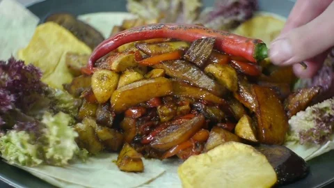 Vegetables With Meat on Saj Red Pepper on Top Stock Footage 78593606