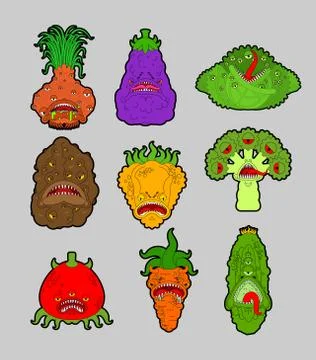 Vegetables monster set. Vegetable GMO mutant. genetically modified Tomato and Illustrazione stock