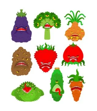 Vegetables monster set. Vegetable GMO mutant. genetically modified Tomato and Illustrazione stock