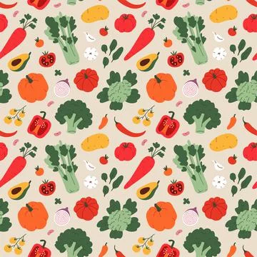 Vegetables natural pattern, seamless vector background with food ingredients Stock Illustration