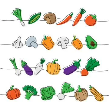 Vegetables one line colored continuous drawing. Carrot, tomato, garlic bulb Stock Illustration