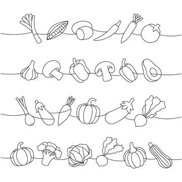 Vegetables one line continuous drawing. Carrot, tomato, garlic bulb, mushroom Illustrazione stock