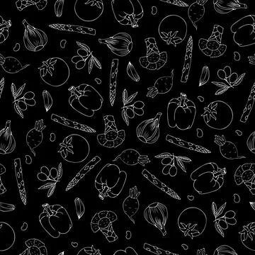 Vegetables pattern on black. Hand-drawn doodle vector seamless pattern of Illustrazione stock