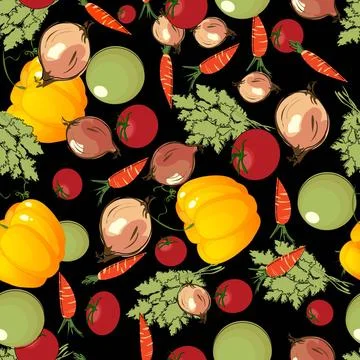 Vegetables pattern on black Saemless background with vegetables, pattern C... Stock Photos