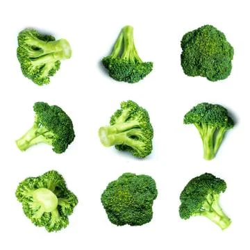 Vegetables pattern with broccoli. Raw broccoli collection isolated on white b Stock Photos
