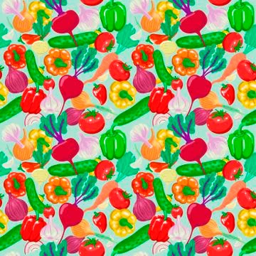 Vegetables. Pattern of different vegetables for salad. Tomatoes, ogurtsy, ray Stock Illustration