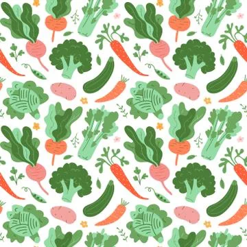 Vegetables pattern, doodle veggies, hand drawn illustrations of carrot, broccoli Stock Illustration