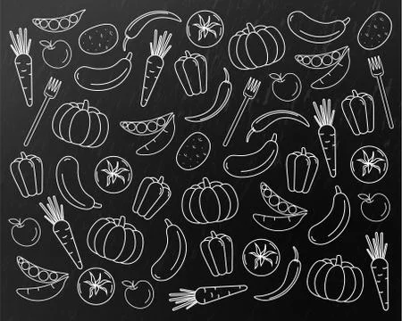 Vegetables pattern line art Vector. Pumpkin, carrot and tomatoes sketch. Menu Stock Illustration