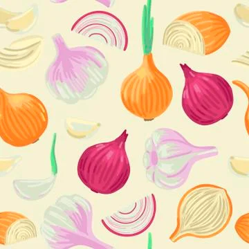 Vegetables pattern - onion and garlic. Vector seamless pattern. Stock Illustration