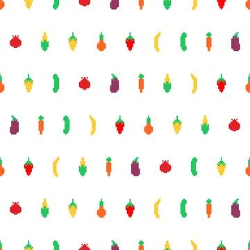 Vegetables pattern pixel art. Carrots and corn 8bit background. Pepper and cu Stock Illustration