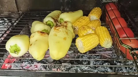 Vegetables, peppers, tomatoes and corn ready for roasting on a fire, coals, barb Stock Footage 277342783