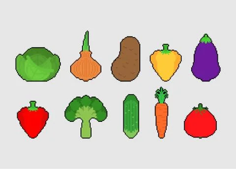 Vegetables pixel art set. 8 bit Vegetable. Pixelate Tomato and cabbage. Bell  Illustrazione stock