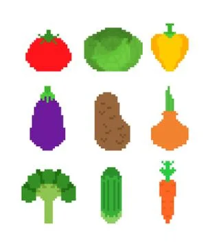 Vegetables pixel art set. 8 bit Vegetable. Pixelate Tomato and cabbage. Bell  Illustrazione stock