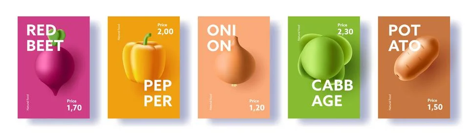 Vegetables posters set, 3d render illustrations of beet pepper onion cabbage Stock Illustration