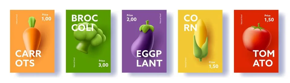 Vegetables posters set, 3d render illustrations of carrot eggplant corn egg.. Stock Illustration