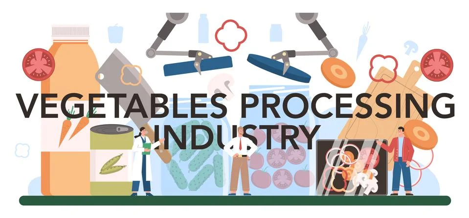Vegetables processing industry typographic header. Idea of agriculture Illustrazione stock
