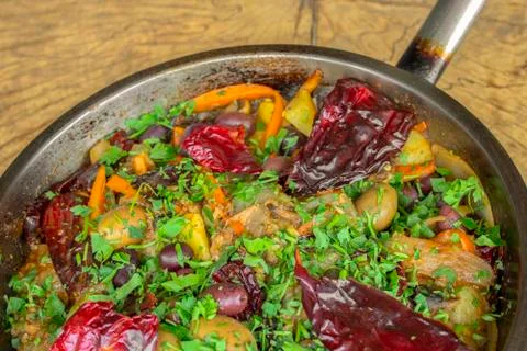 Vegetables roasted on a pan. Closeup. Stock Photos