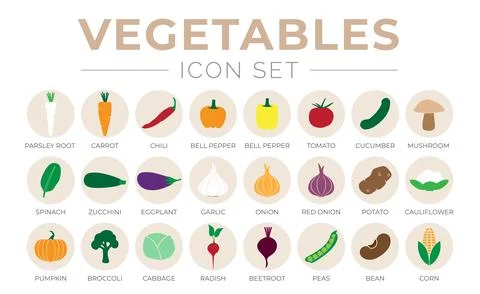 Vegetables Round Icon Set of Parsey Root, Carrot, Chilli, Paprika, Pepper, .. Stock Illustration