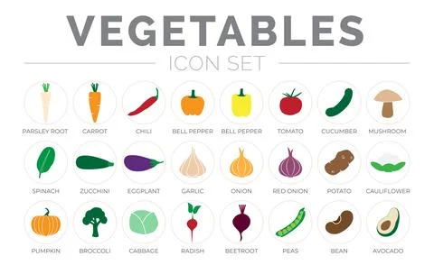 Vegetables Round Icon Set of Parsey Root, Carrot, Chilli, Paprika, Pepper, .. Stock Illustration